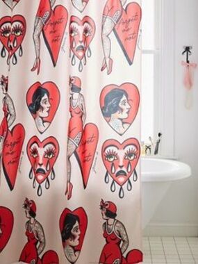 New Urban Outfitters Red and Cream Heart & Figure Shower Curtain
